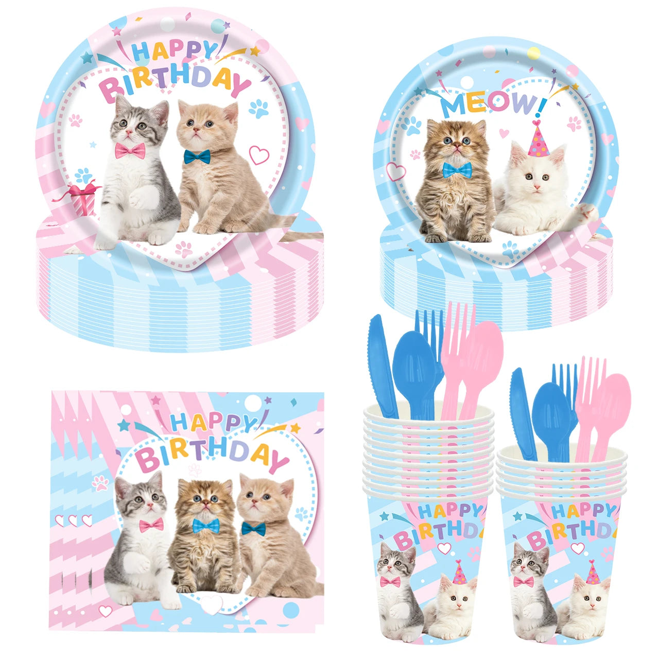 Cat Themed Party Tableware Set Paper Plates Napkins Tablecloth Banner Kitten Girls Birthday Party Decorations Supplies