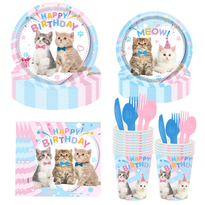 Cat Themed Party Tableware Set Paper Plates Napkins Tablecloth Banner Kitten Girls Birthday Party Decorations Supplies