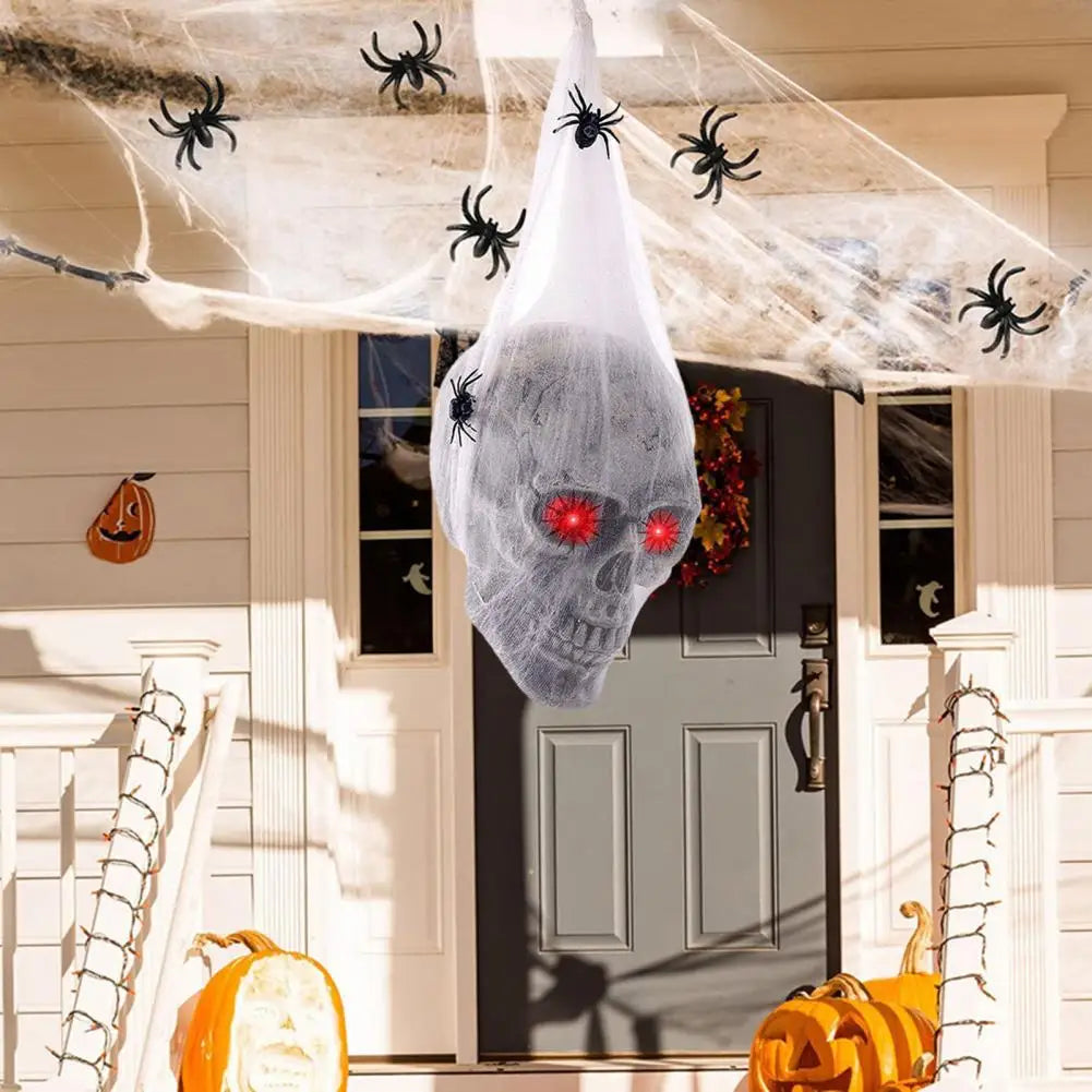 Halloween Skull Decor Spooky Voice Activated Skeleton Skull Ornament LED Red Eye Spider Haunted House Halloween Party Decoration