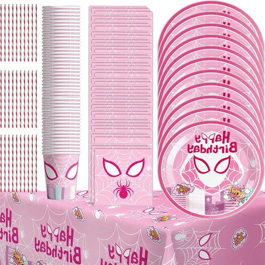 New Spider-Man Gwen Party Decorations Pink Spider-Man Themed Balloons Girls Birthday Party Cups Plates Portable Tableware
