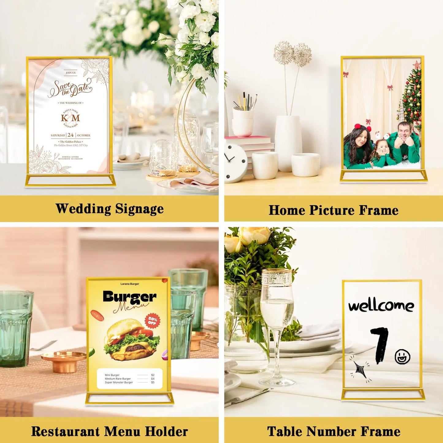 6-36 Transparent Acrylic Signage Gold Picture Frames Double-sided Display Stand Wedding Number Plate Table Flyer Menu Card Rack
