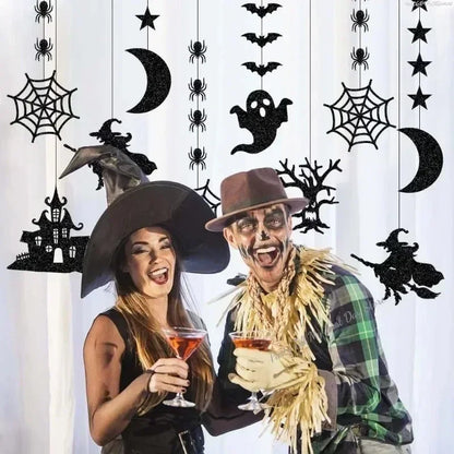 6pcs Halloween Hanging Banner Garland Scary Spider Witch Ghost Bat Pendant Ornament Happy Halloween Party Decorations for Home