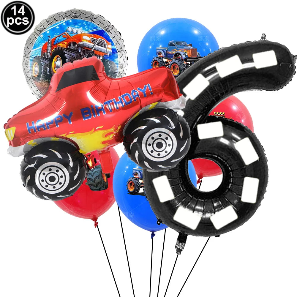 Monster Truck Birthday Party Paper Plates Cup Napkin Tablecloth Balloon Hanging Swirls Banner Monster Truck Birthday Party Decor