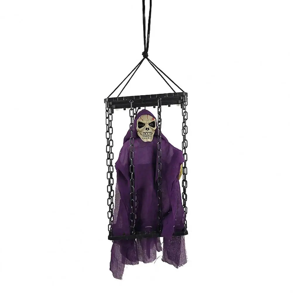 Halloween Outdoor Decoration Ghosts Skeleton Animated Ornament with Lighted Eyes Creepy Laughter Halloween Hanging Prisoner Cage