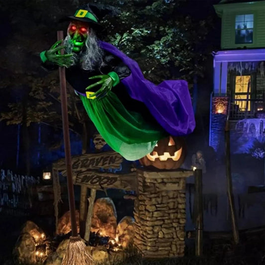Flying Witch Decorations with Luminous Eyes Halloween Flying Witch on Broom Decor Animatronic Flying Witch for Garden Yard Lawn