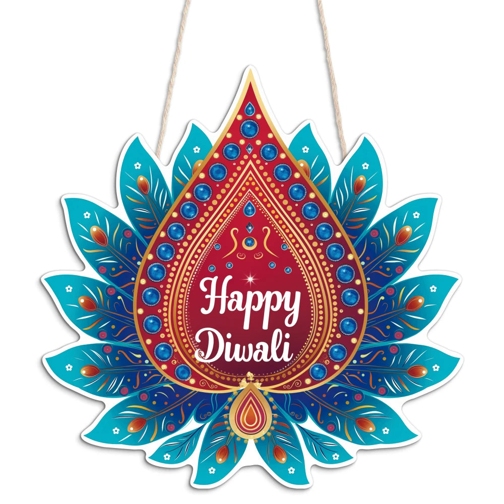Putuo Decor 1pc Wood Hang Decoration, Wall Decor for Home Living Room Bedroom, The Hindu Festival, Happy Diwali, 9.1x9.1Inches
