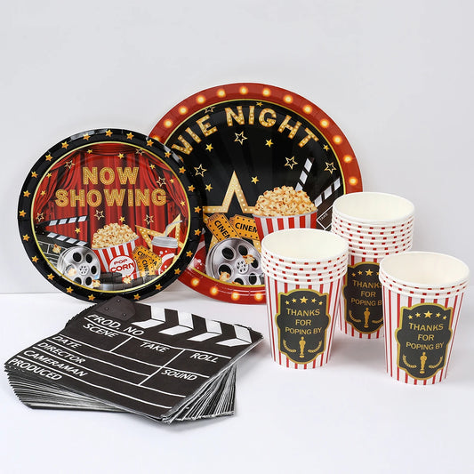 Movie Night Party Decoration Movie Party Disposable Plates Napkins Cups Tablecloth Happy Movie Night Theme Birthday Party Decor