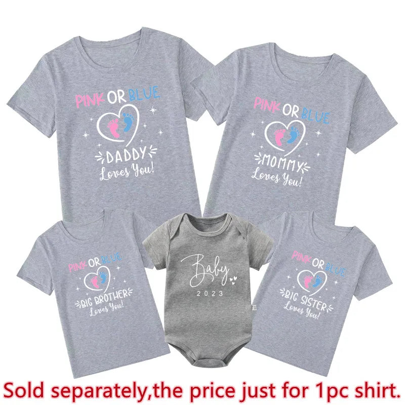 Pink Or Blue Daddy Mommy Brother Sister Loves You Funny Gender Reveal Party Shirts Cotton Baby Shower Tee Family Matching Outfit