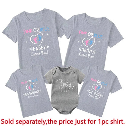 Pink Or Blue Daddy Mommy Brother Sister Loves You Funny Gender Reveal Party Shirts Cotton Baby Shower Tee Family Matching Outfit
