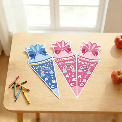 12pcs pink blue gift cone first day of school invitation card, back to school party invitation with stationery patterns such