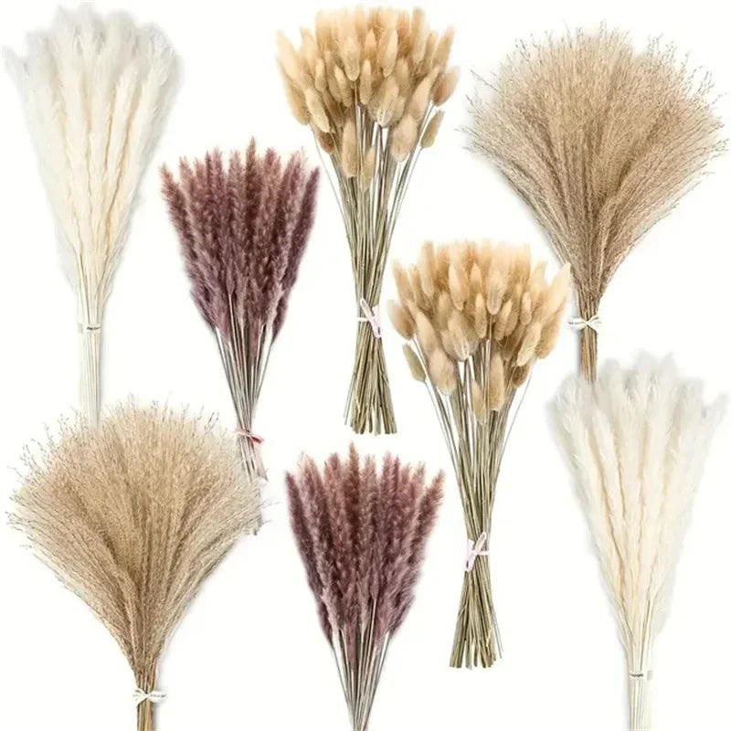 165PCS Pampas Grass Dried Flowers Boho Farmhouse Country Wedding Home Room Decor Bouquet Bunny Tail Grass DIY Artificial Flowers