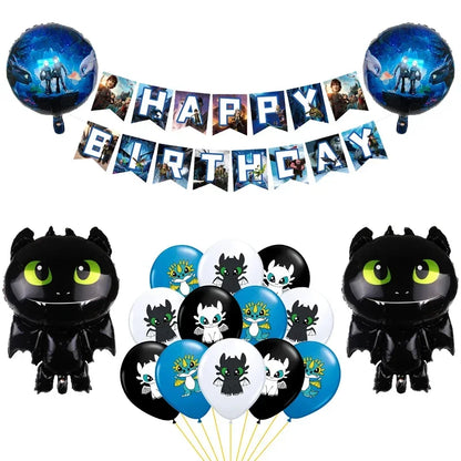 1set How Train Dragon Balloons No Teeth Toothlessing Green Eye Black Loong Party Decoration Happy Birthday Banner Cake Topper