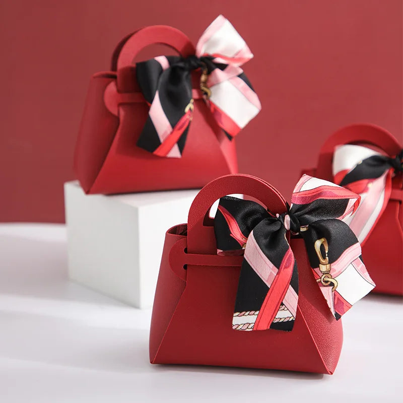 1PC Leather Gift Bags Bow Ribbon Packaging Bag Wedding Favour Distributions Bags Eid Mubarak Candy Packaging Box Mini Handbag
