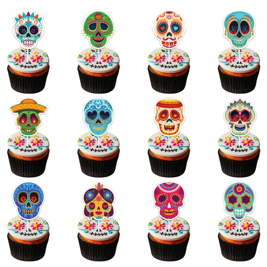 Mexico Day of the Dead Cake Decoration,Mexican Skulls Paper Baking Cake Toppers Party Decoration Insert,Skull Cake Inserts,12pcs
