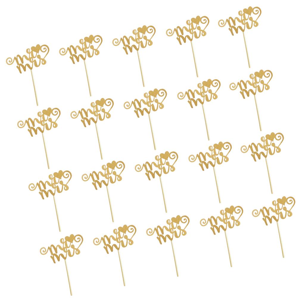 20pcs/set Glitter Paper Wedding Mr & Mrs Heart Cake Cupcake Topper Pick Decor for Wedding Party Anniversary Accessories