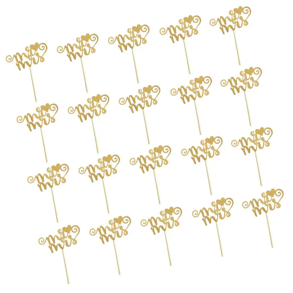 20pcs/set Glitter Paper Wedding Mr & Mrs Heart Cake Cupcake Topper Pick Decor for Wedding Party Anniversary Accessories
