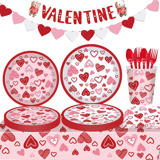 Valentine's Day Theme Disposable Tableware Red Love Heart Pattern Paper Plates Cups Napkins Girls Wedding Party Decor Supplies