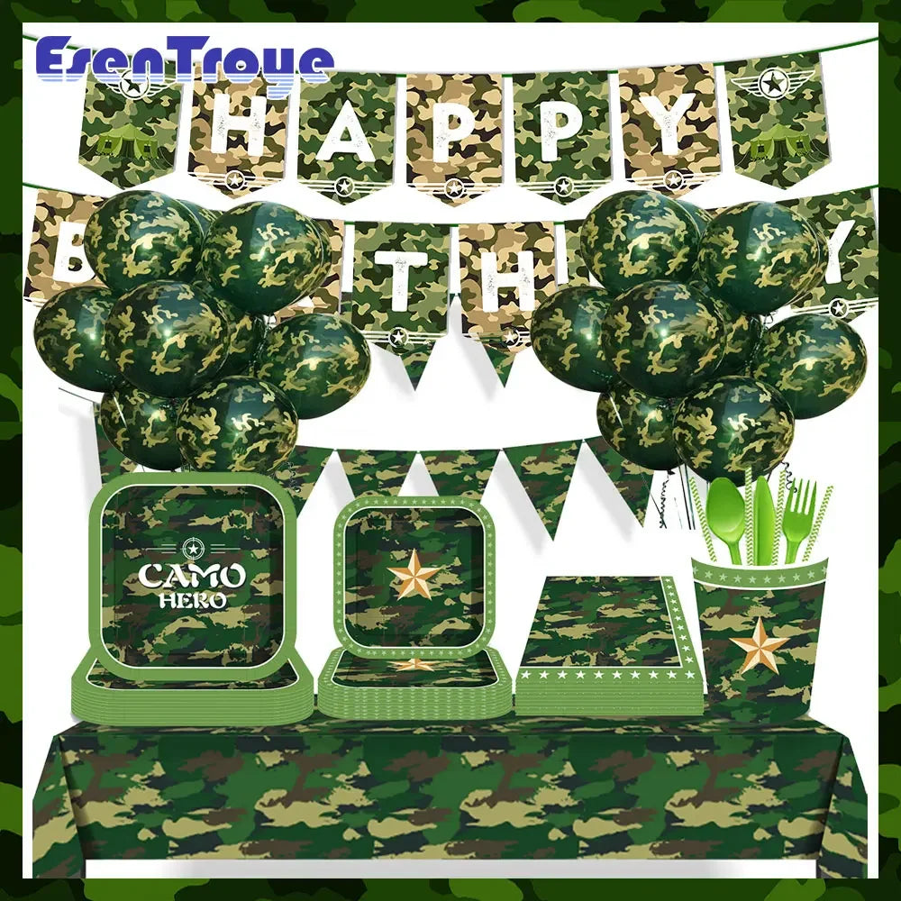 Military Party Decoration Set Camouflage Netting Tableware 4D Tank Balloon Camo Army Soldier Armored Vehicle Kids Birthday Gifts