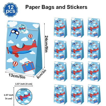 12/24Pcs Airplane Party Favor Bags Gift Goodies Treat Paper Bags With Stickers Kids Boy Flight Aviator Birthday Party Decoration
