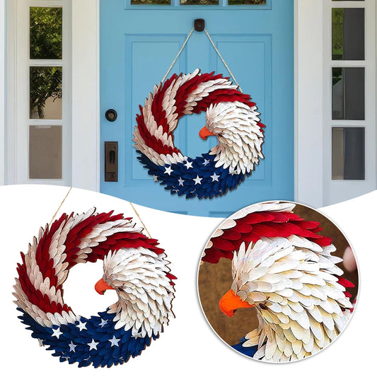 Independence Day Door Sign Wall Hanging Round Wooden Plaque Patriotic Front Door Decor 4th of July Festival Hanging Garland