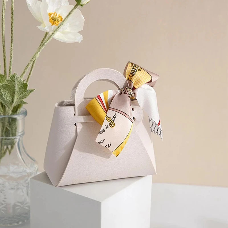 1PC Leather Gift Bags Bow Ribbon Packaging Bag Wedding Favour Distributions Bags Eid Mubarak Candy Packaging Box Mini Handbag