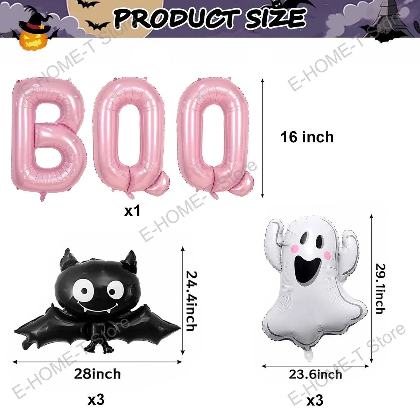 Halloween Ghost Balloons Set Pink BOO Ghost Bat Foil Balloon for Halloween Themed Party Decoration Supplies