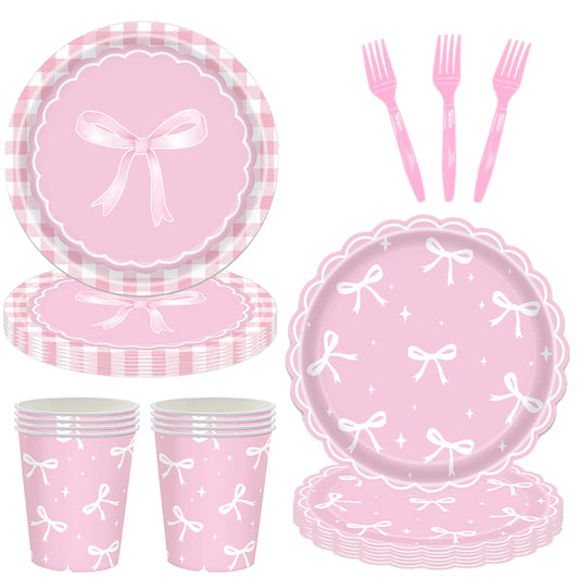 Pink Bow Plates Cups Napkins Forks for Coquette Birthday Decoration Pink Bow Theme Party Supplies for Girls Birthday Party Decor