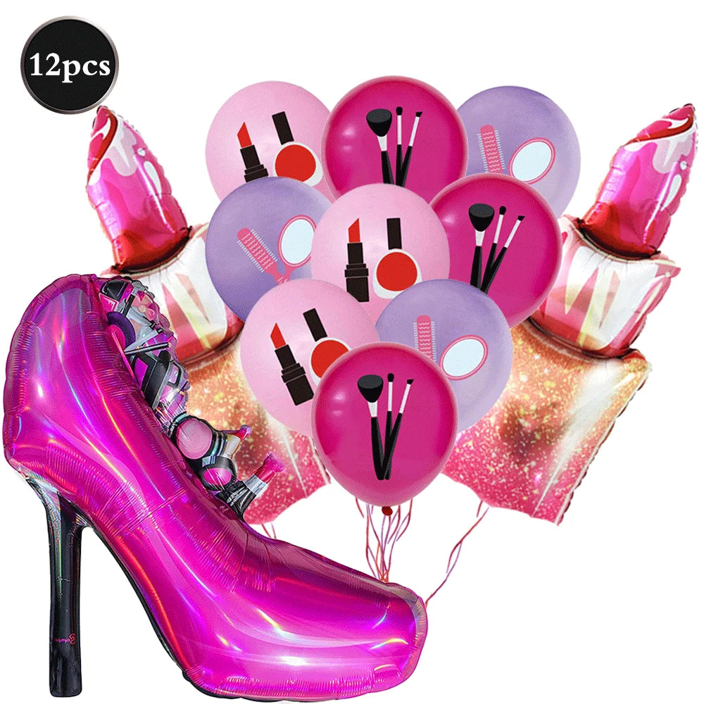 12pcs Spa Makeup Party Balloons Set Lipstick Lips High Heels Foil Ball Girl Bachelor Party Valentine's Day Wedding Bridal Shower