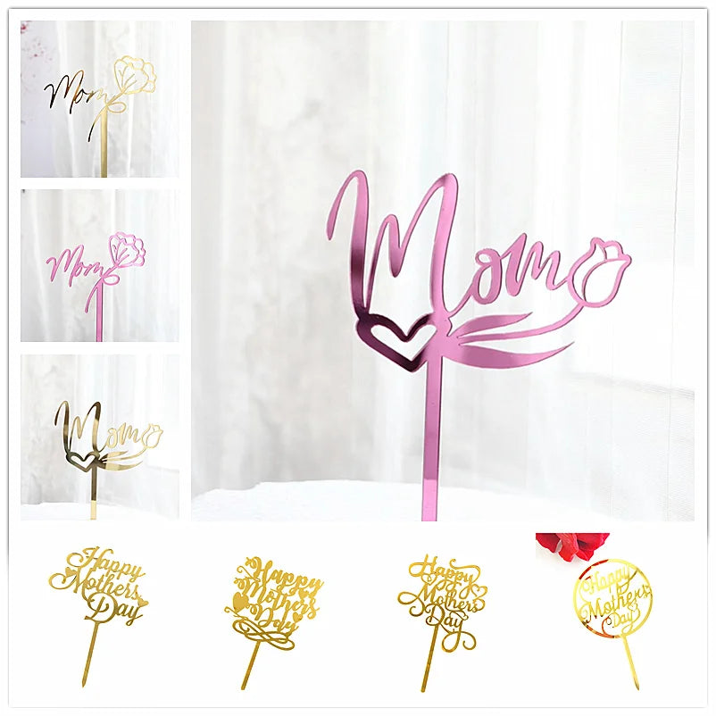 Happy Mothers Day birthday Cake Topper Gold Simple design Acrylic MOM Party Cake Toppers Mother's Day Gifts Dessert Decoration