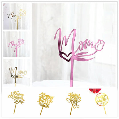 Happy Mothers Day birthday Cake Topper Gold Simple design Acrylic MOM Party Cake Toppers Mother's Day Gifts Dessert Decoration