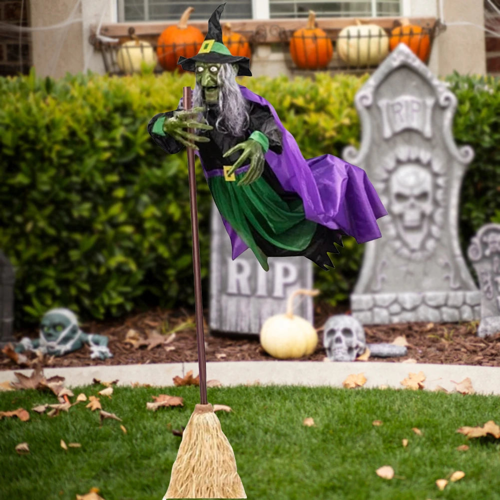 Flying Witch Decorations with Luminous Eyes Halloween Flying Witch on Broom Decor Animatronic Flying Witch for Garden Yard Lawn