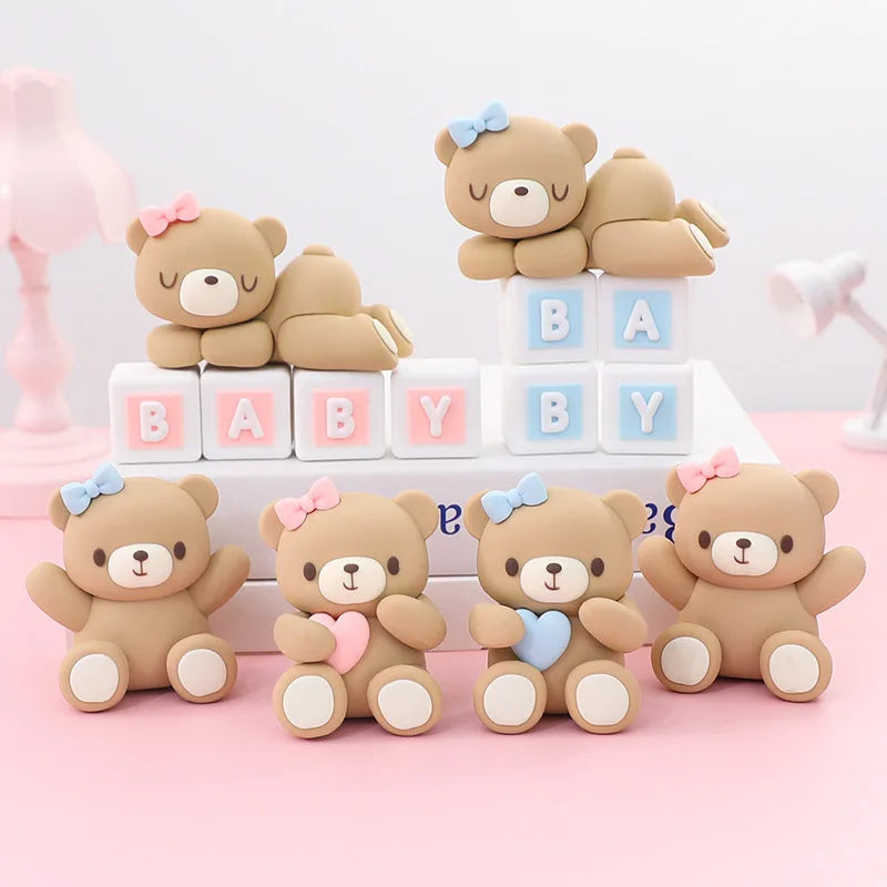 New 3D Pink Blue Bear Cake Topper Cute Mini Bear Doll Cake Decoration Boy Girl Birthday Party Gender Reveal Baby Shower Supplies