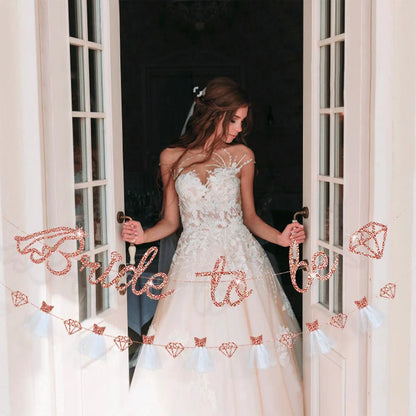 Rose Gold Bride to Be Banner Glitter Diamond Wedding Veil Bride Garland Bunting Hen Party Bridal Shower Engagement Wedding Decor