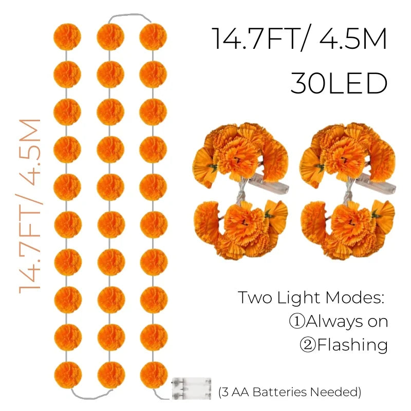 2-10Pack Marigold Garland Lighted Artificial Marigold Flowers String Light Diwali Indian Wedding Decor Halloween Day of the Dead