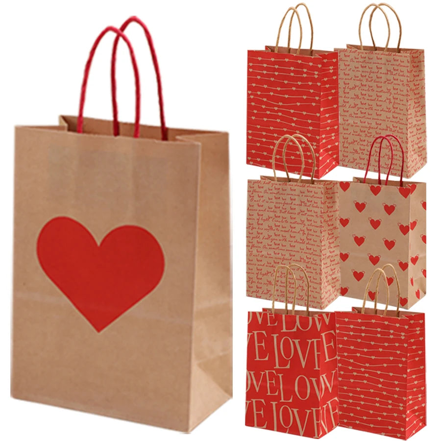 5/10pcs Valentine's Day Kraft Paper Bag Party Small Gift Packaging Bag 15x8x21cm LOVE Heart Style Gift Bag Party Favor Supplies