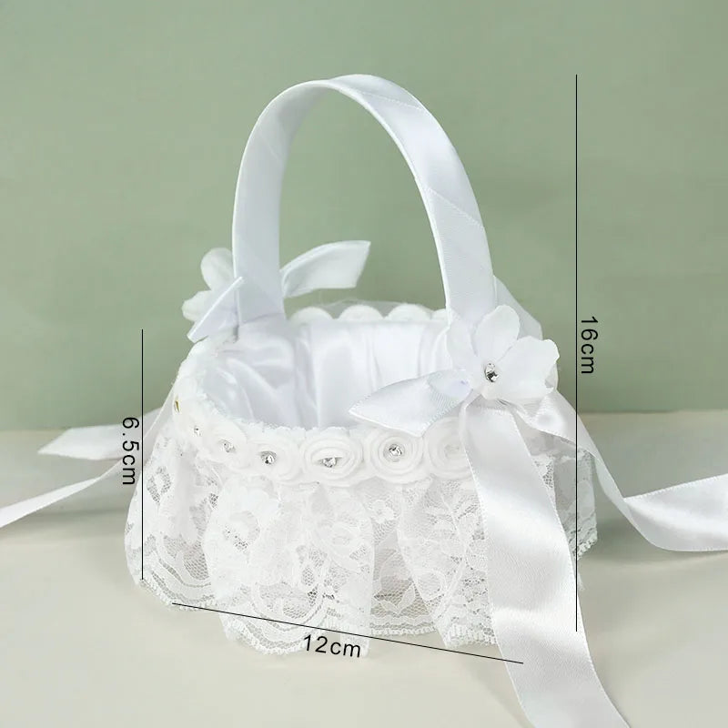 20 cm White Flower Girls Basket Silk Wedding Basket for Flower Bride/Kids Hand Held Wedding Ceremony Party Decorations