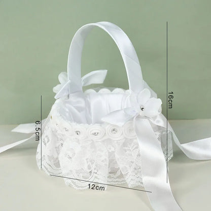 20 cm White Flower Girls Basket Silk Wedding Basket for Flower Bride/Kids Hand Held Wedding Ceremony Party Decorations