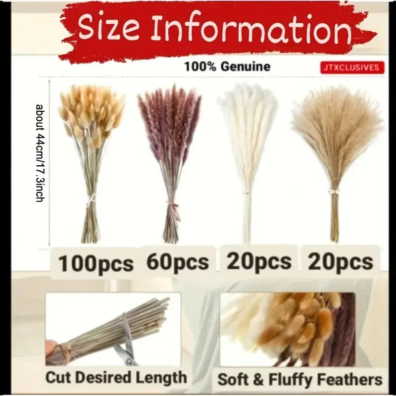 165PCS Pampas Grass Dried Flowers Boho Farmhouse Country Wedding Home Room Decor Bouquet Bunny Tail Grass DIY Artificial Flowers