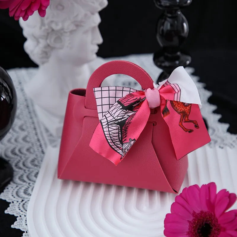1PC Leather Gift Bags Bow Ribbon Packaging Bag Wedding Favour Distributions Bags Eid Mubarak Candy Packaging Box Mini Handbag