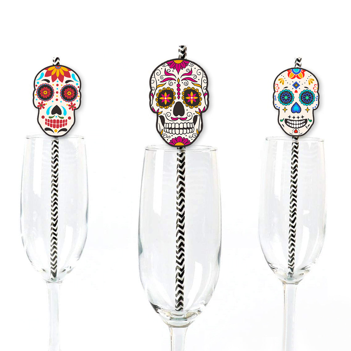 24Pcs Skull Disposable Paper Drinking Cocktail Juice Wine Straw Tableware for Mexican Day of The Dead Halloween Party Decoration