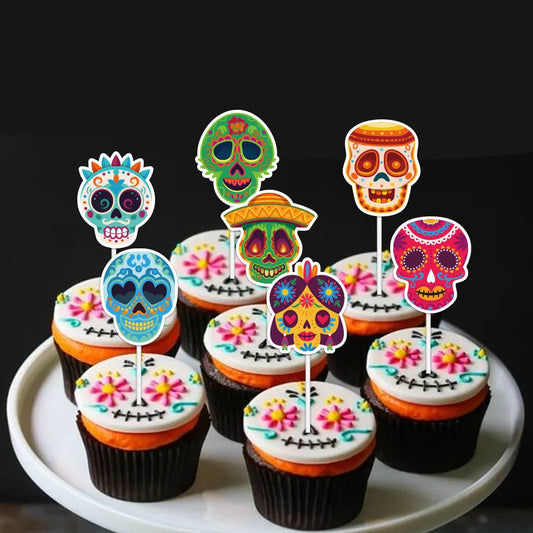 Mexico Day of the Dead Cake Decoration,Mexican Skulls Paper Baking Cake Toppers Party Decoration Insert,Skull Cake Inserts,12pcs