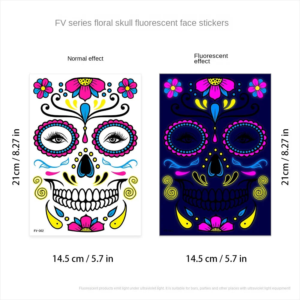 1/4/8PCS Waterproof Fluorescent Temporary Tattoo Neon Halloween Stickers Day of the Dead Party Festival Night Bar Face Stickers