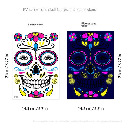 1/4/8PCS Waterproof Fluorescent Temporary Tattoo Neon Halloween Stickers Day of the Dead Party Festival Night Bar Face Stickers