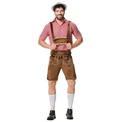 Bavarian Octoberfest German Beer Costume Male Oktoberfest Lederhosen Costume Beer Shirt Suspender Shorts Hat Cosplay Costumes