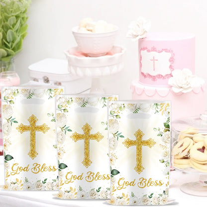 Communion Baptism Flower Cross Party Gift Bag Holy Communion Party Favors Chocolate Cookies Candy Bags for Kids Birthday Decor