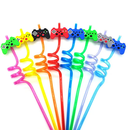 8pcs 26cm Reusable Game Controller Plastic Helical   Straws Gamepad Toys Straw Game Console Theme Kids Birthday Party Decor