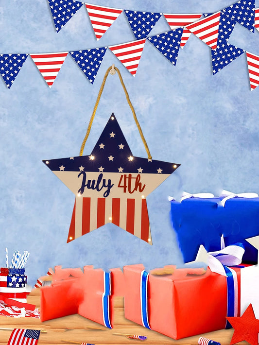 1pc 30cm Wood Independence Day Flash Star Doorplate with Lights July 4th Door Hanger Wall Pendants Independence Day Decorations