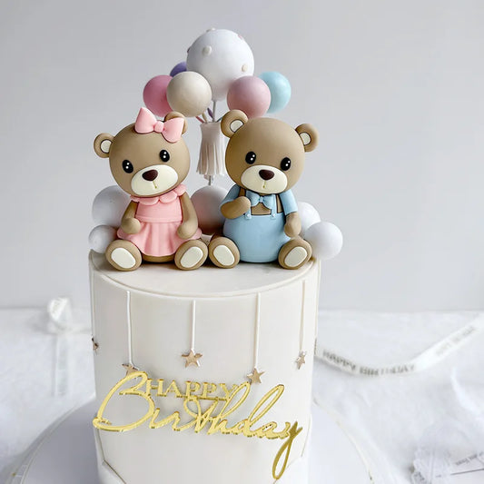 New 3D Pink Blue Bear Cake Topper Cute Mini Bear Doll Cake Decoration Boy Girl Birthday Party Gender Reveal Baby Shower Supplies