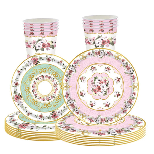 8Guests Elegant Tea Party Disposable Tableware Pink Green Floral Pattern Plates Napkins Women Happy Afternoon Tea Party