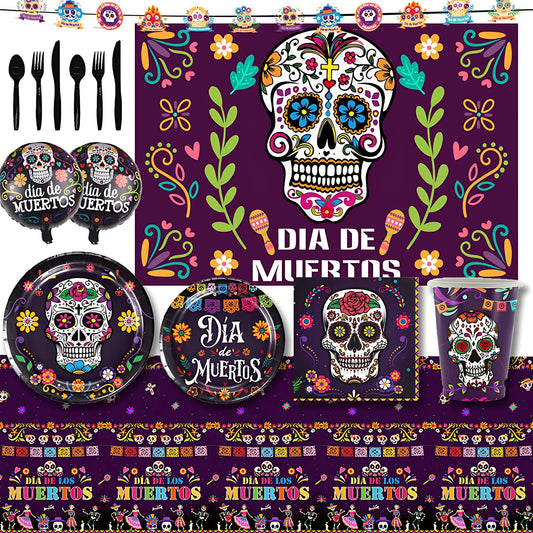 Day of Dead Theme Dia De Los Muertos Party Disposable Tableware Plates Balloon Background Decor Supplies Skull Dancer Photo Prop
